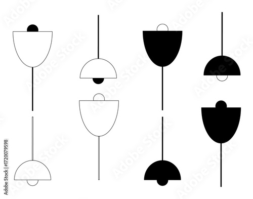 Black and white semicircle lamps in large and small sizes, isolated lamps in long and short shapes, vector minimalist illustration