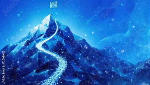 Ascend to achievement with this stunning digital mountain peak, illuminated by a glowing pathway to success, symbolizing ambition and reaching goals.