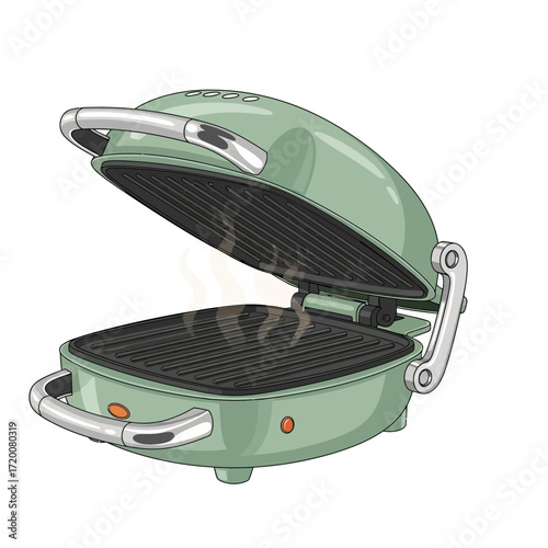 Illustration of an open, light green electric grill with visible grill marks and rising steam, isolated on a white background.