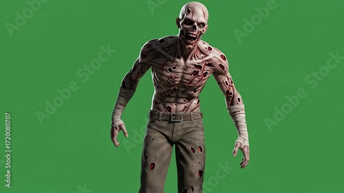 Aggressive Decaying Zombie Monster Screaming and Roaring in Front of a Green Screen