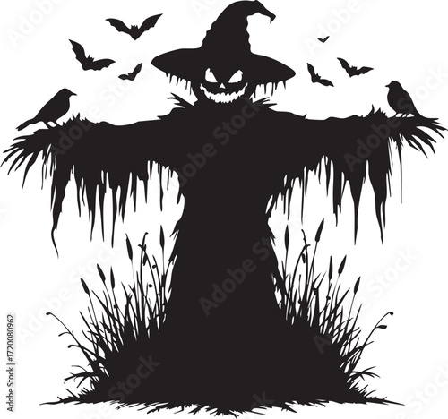 Menacing Scarecrow Silhouette - Spooky Halloween Design with Bats

