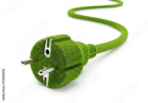 Green power plug covered in grass, isolated on white background
