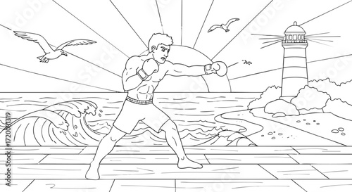 Focused Boxer in Training Stance by the Ocean, Framed by a Lighthouse, Waves, and Seagulls at Sunrise – Monochrome Line Art of Athletic Strength