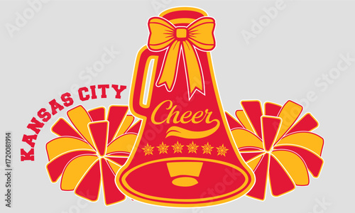 Cheerleader Pom-Poms and Megaphone with the word Cheer. Kansas City Red and Gold Cheerleading illustration.