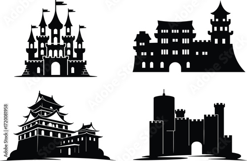 A vector icon set of historic castles from around the world, this collection features medieval European fortresses, Japanese strongholds, and fantasy palaces