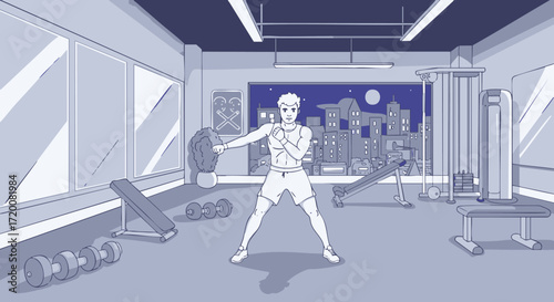 Dynamic illustration of a person engaging in a focused fitness workout within a modern gym setting, emphasizing active lifestyle and physical well-being