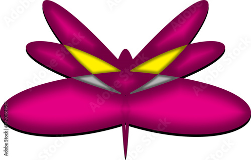 Digital illustration of an abstract butterfly-like shape with shiny magenta wings, yellow accents, and silver details