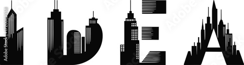 A conceptual vector graphic of the word IDEA made from city skylines, this typography illustration symbolizes urban innovation, architecture, and creative solutions