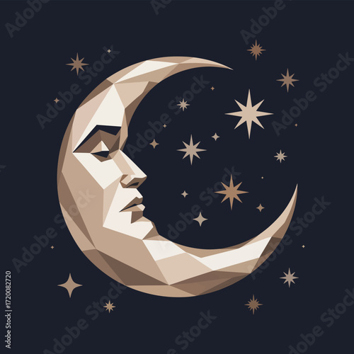 Crescent moon with human face and stars
