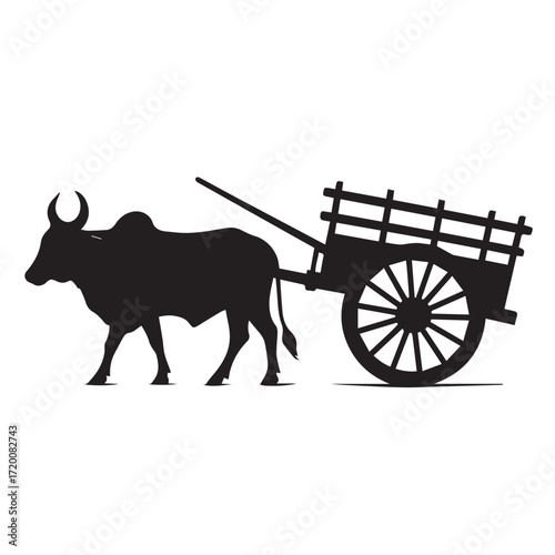 Silhouette of a Bull Pulling a Wooden Cart on a White Background Keywords: bull, ox, cart, wagon, carriage