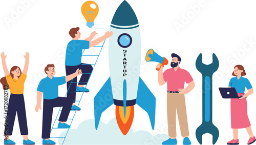 Teamwork launching a rocket ship with a lightbulb idea for business growth.