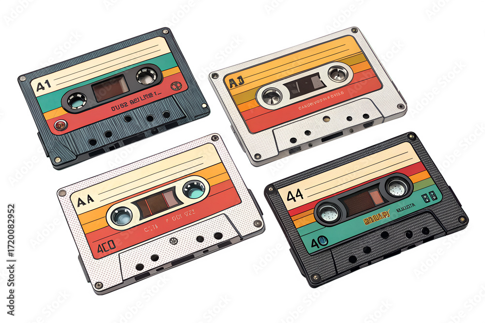Obraz premium Retro Cassette Tape Stickers PNG – 90s Nostalgia Music Icons on Transparent Background