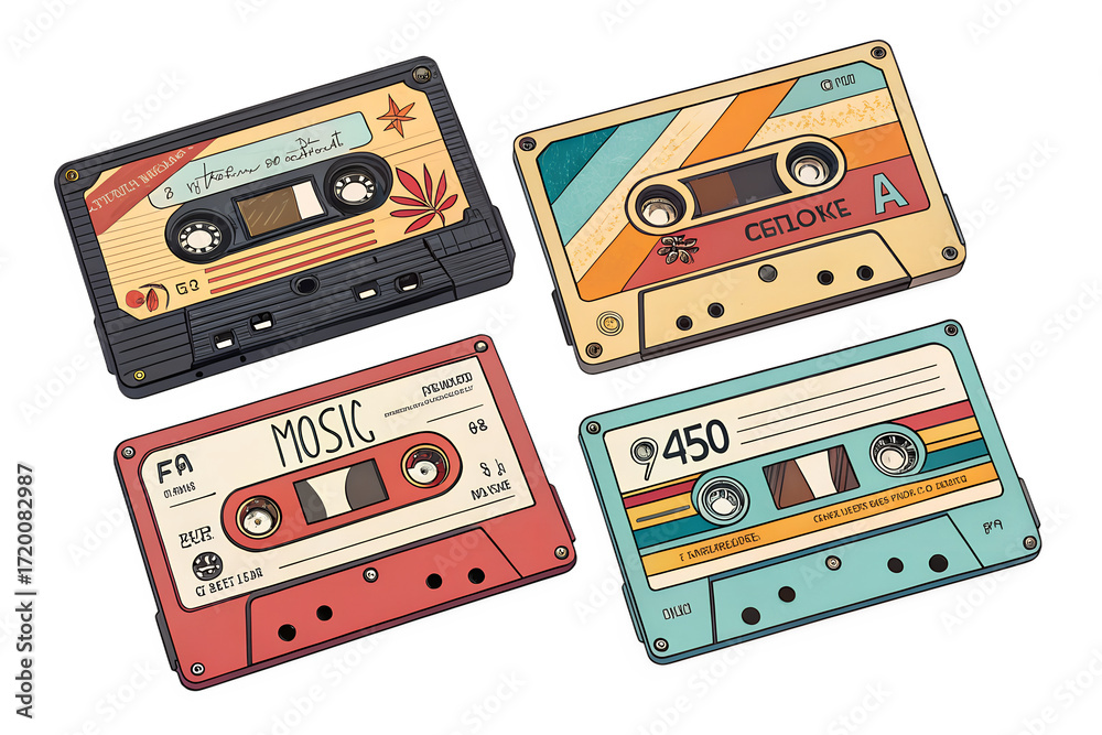 Obraz premium Retro Cassette Tape Stickers PNG – 90s Nostalgia Music Icons on Transparent Background