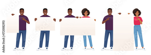 African American handsome man and beautiful woman with afro hairstyle holding pointing to the empty blank board together. Isolated vector illustration set
