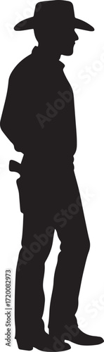 Silhouette of a cowboy in profile with a gun holster and hat western