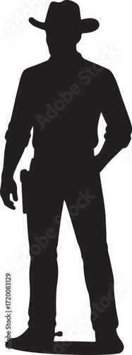 Silhouette of a cowboy with a gun holster and hat standing western
