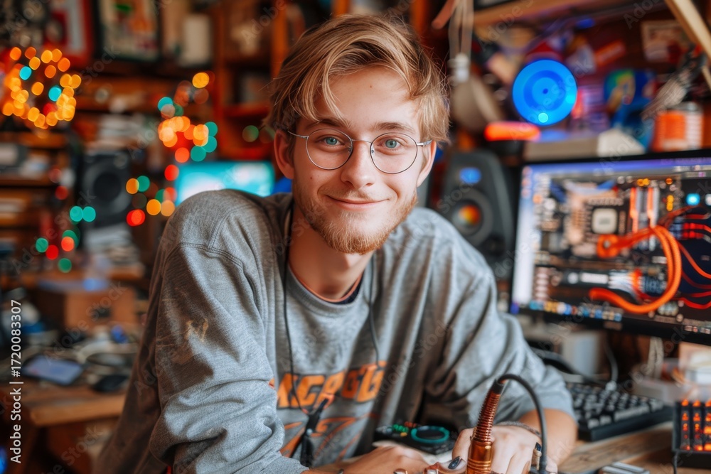 Obraz premium Young man smiling in a cozy, cluttered workspace filled with electronics, warm lights, and computer screens