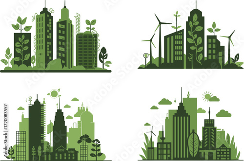 A vector illustration set of a green metropolis, this collection showcases a future sustainable city with clean solar and wind energy technology