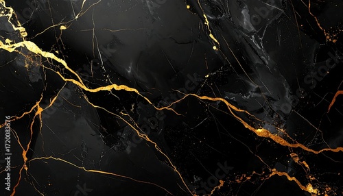A dramatic, abstract image showcasing a black marble texture, beautifully detailed with golden veins, evoking luxury and elegance