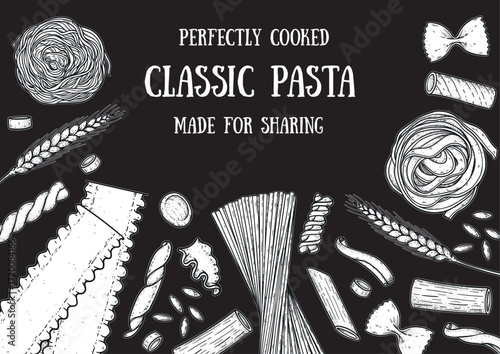 Traditional Italian pasta sketch. Italian food. Staple food. Hand drawn vector illustration. Background for packaging, menu. Top view. Not AI