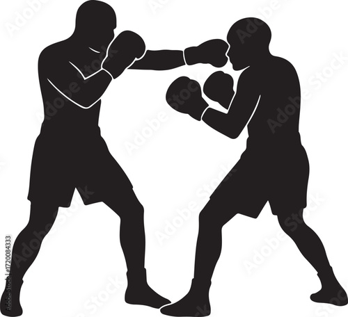Silhouette of two boxers sparring on white background Keywords: boxing, boxers, fight, combat, sport