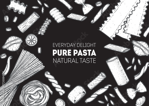 Traditional Italian pasta sketch. Italian food. Staple food. Hand drawn vector illustration. Background for packaging, menu. Top view. Not AI