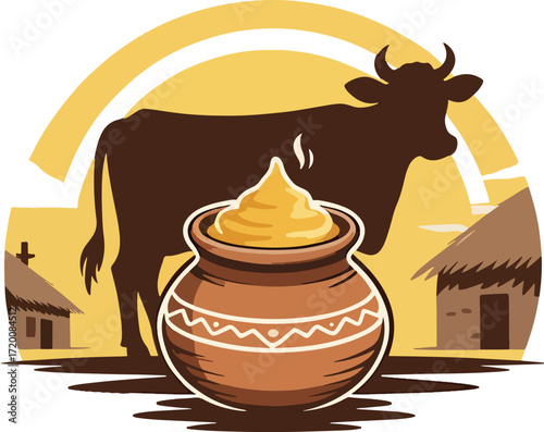 ghee pot with cow and village scene Traditional style