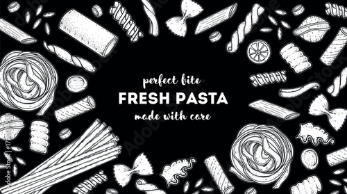 Traditional Italian pasta sketch. Italian food. Staple food. Hand drawn vector illustration. Background for packaging, menu. Top view. Not AI