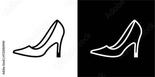 Elegant high-heeled pump shoe icon, displayed in black and white.