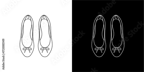 Two pairs of ballet flats are presented, one on a white background and the other on a black background, both outlined.