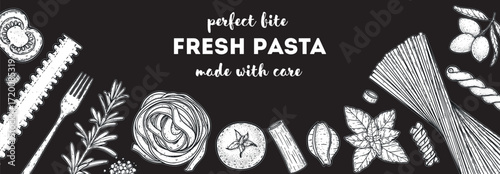 Traditional Italian pasta sketch. Italian food. Staple food. Hand drawn vector illustration. Background for packaging, menu. Top view. Not AI