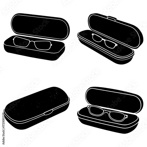Four illustrations of eyeglasses in cases with varying positions and open or closed lids shown in black and white