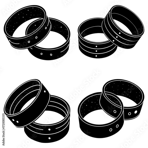 Illustration showcasing four pairs of black rings with varied designs and hole patterns on a white background