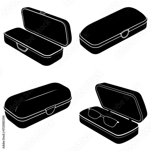 Illustration of four black glasses cases in various states of opening and closing on a white background