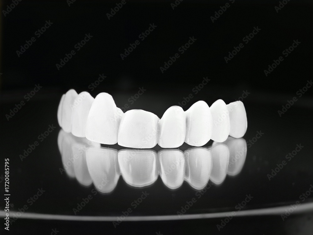 Fototapeta premium A row of white ceramic dental teeths on a reflective surface, creating a mirror image below.