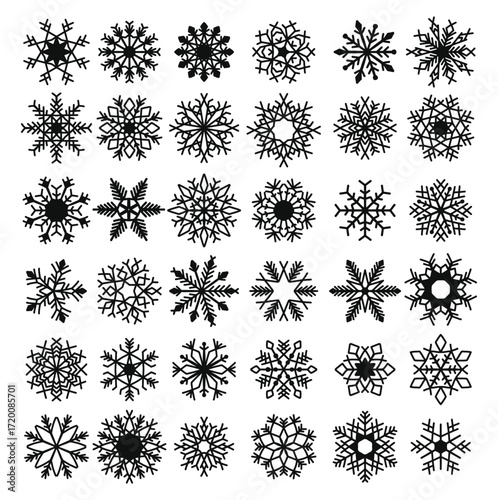 Set of decorative white snowflake silhouette isolated on dark blue. New year holiday decoration. Vector illustration