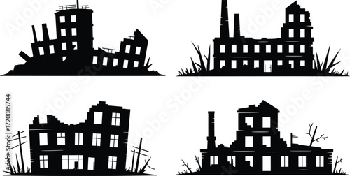 A vector silhouette set of ruined buildings, this collection shows a destroyed city after a war, disaster, or in a post-apocalyptic scenario