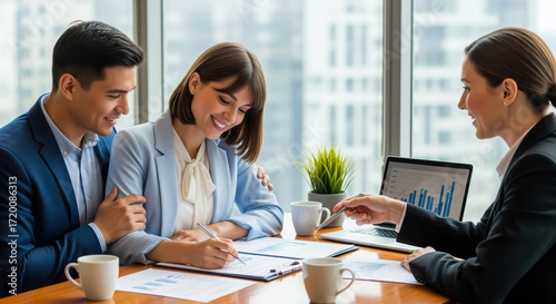 Happy young couple signing a financial agreement with a smiling