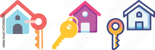 Colorful houses with keys, symbolizing real estate or homeownership concepts