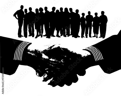 Sealing the deal with a handshake and teamwork success from a diverse group of professionals