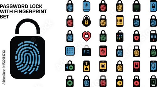 Secure digital access password lock fingerprint icon set for modern security concepts