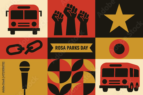 Rosa parks day celebration with iconic symbols of civil rights and freedom