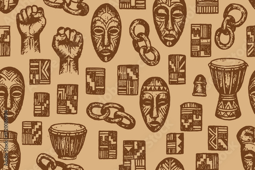 Seamless pattern of african tribal masks drums and fists in woodcut style