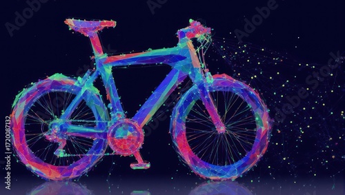 Vibrant polygonal bicycle emerges from digital network, symbolizing futuristic transport and innovative technology in a dynamic abstract scene.