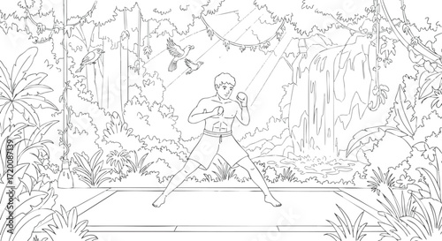 Young martial artist training in a fighting stance in a lush jungle with a waterfall background, line art vector illustration for coloring