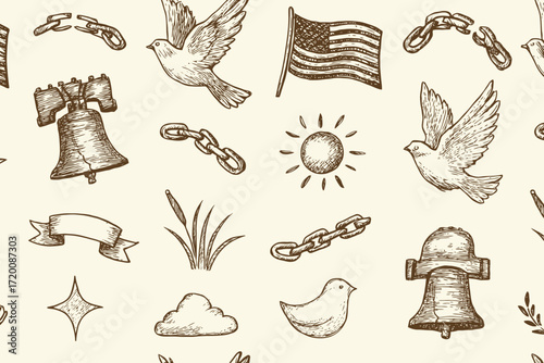 Seamless pattern of hand drawn patriotic american symbols and elements in sepia tones