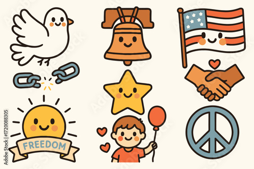 Cute hand drawn american icons representing freedom peace and unity with a cheerful style