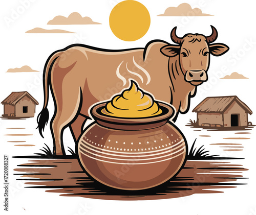 Traditional ghee with cow and pot logo representing natural dairy and heritage food
