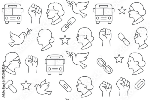 Collection of hand drawn outline icons representing peace protest and social justice themes