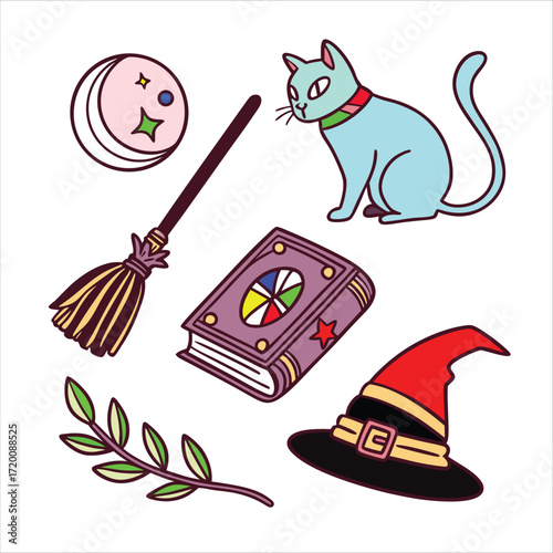 Cute Witchcraft and Magic Vector Doodle Set with Familiar Cat Spell Book and Broomstick for Halloween
